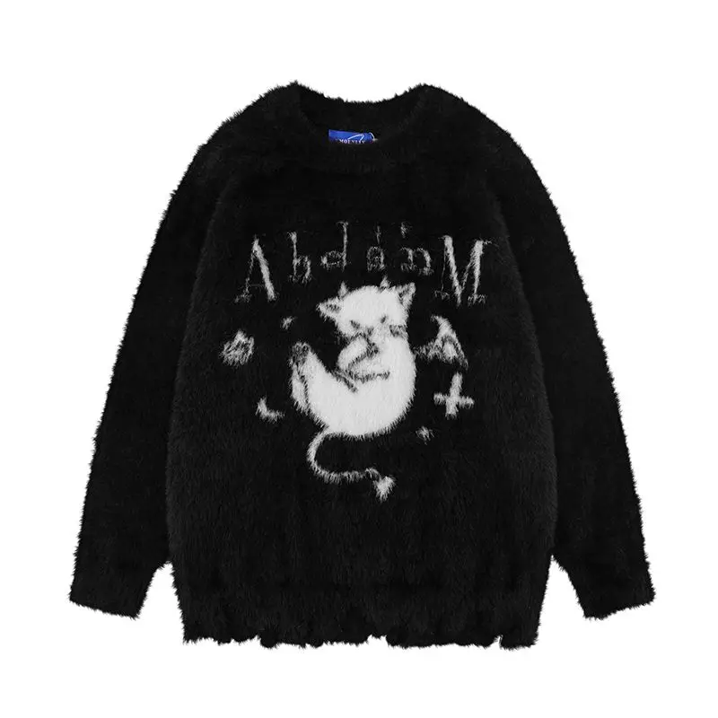 

Autumn Winter Cat Jacquard Imitation Mink Velvet Sweaters Men and Women O-neck Long-sleeved Couple Loose Casual Pullover Tops