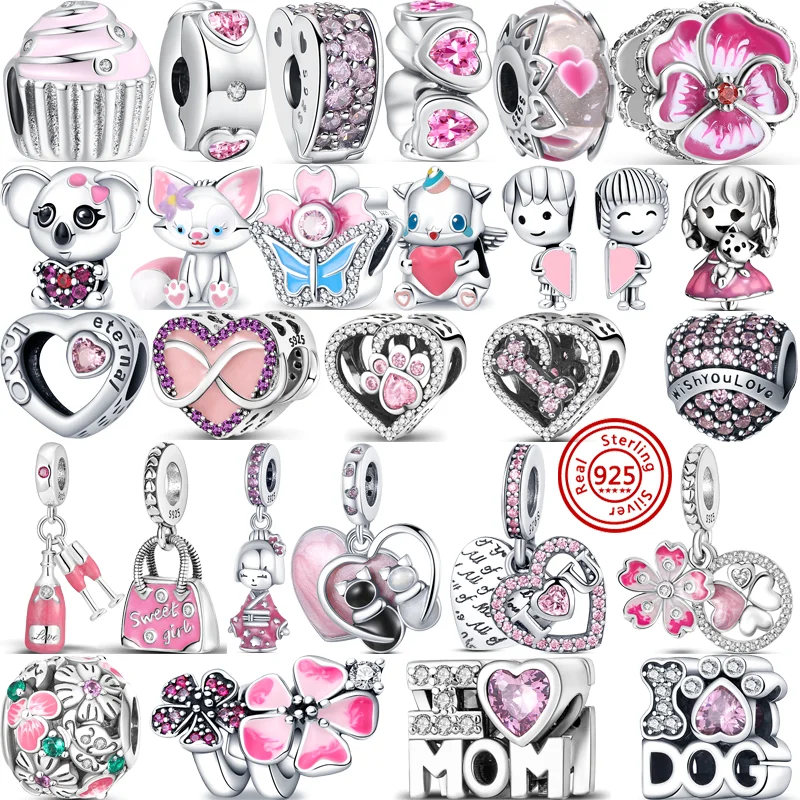 

Fit Original Pandora Charms 925 Silver Bracelet Jewelry New Pink Series Flowers Butterfly Paw Print Heart Mom Forever Love Beads