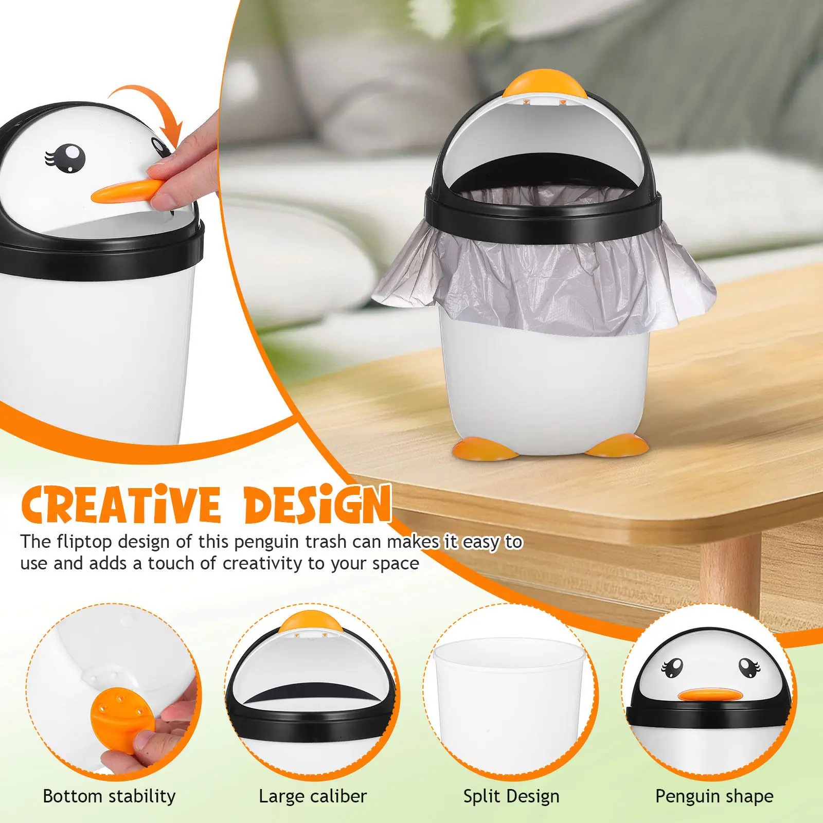 귀여운 펭귄 쓰레기통 데스크탑 쓰레기통 스윙 뚜껑 어린이용 플라스틱 대형 입구 쓰레기통 아이 방 쓰레기통 가정 사무실 장식