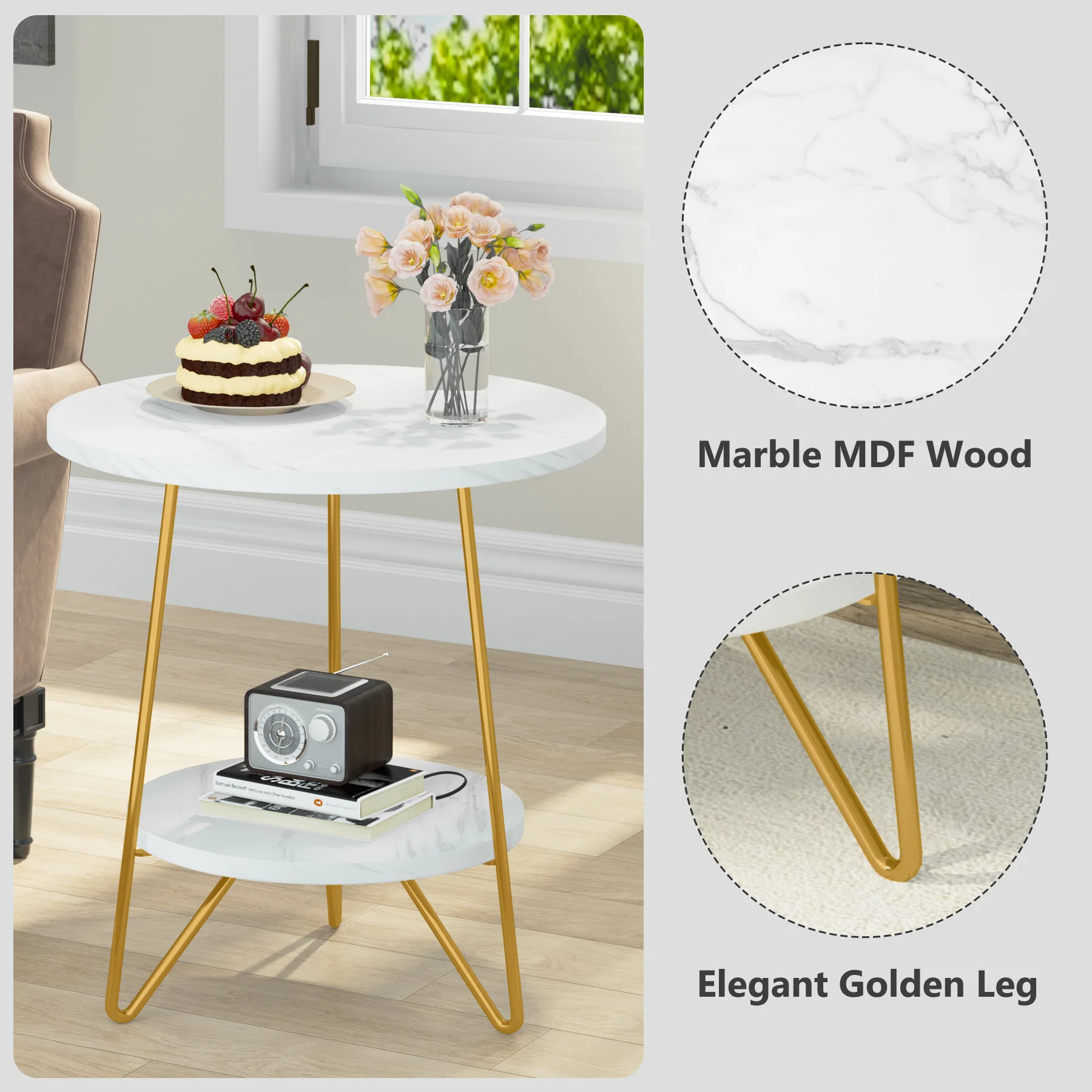 Tribesigns Faux Marble End Table 2 Tier Round Side Table with Shelves Modern Nightstand Bedside Table Small Coffee Side Table C Shaped End Table For Couch Bed Tv Tray For Eating On Couch Small End Tables Small Spaces Easy Assembly