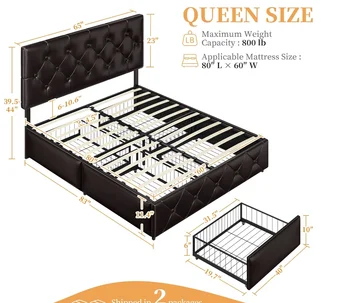 Queen Size Upholstered Bed Frame with 4 Drawers and Adjustable Headboard, Faux Leather Platform Bed with Mattress Foundation St 2