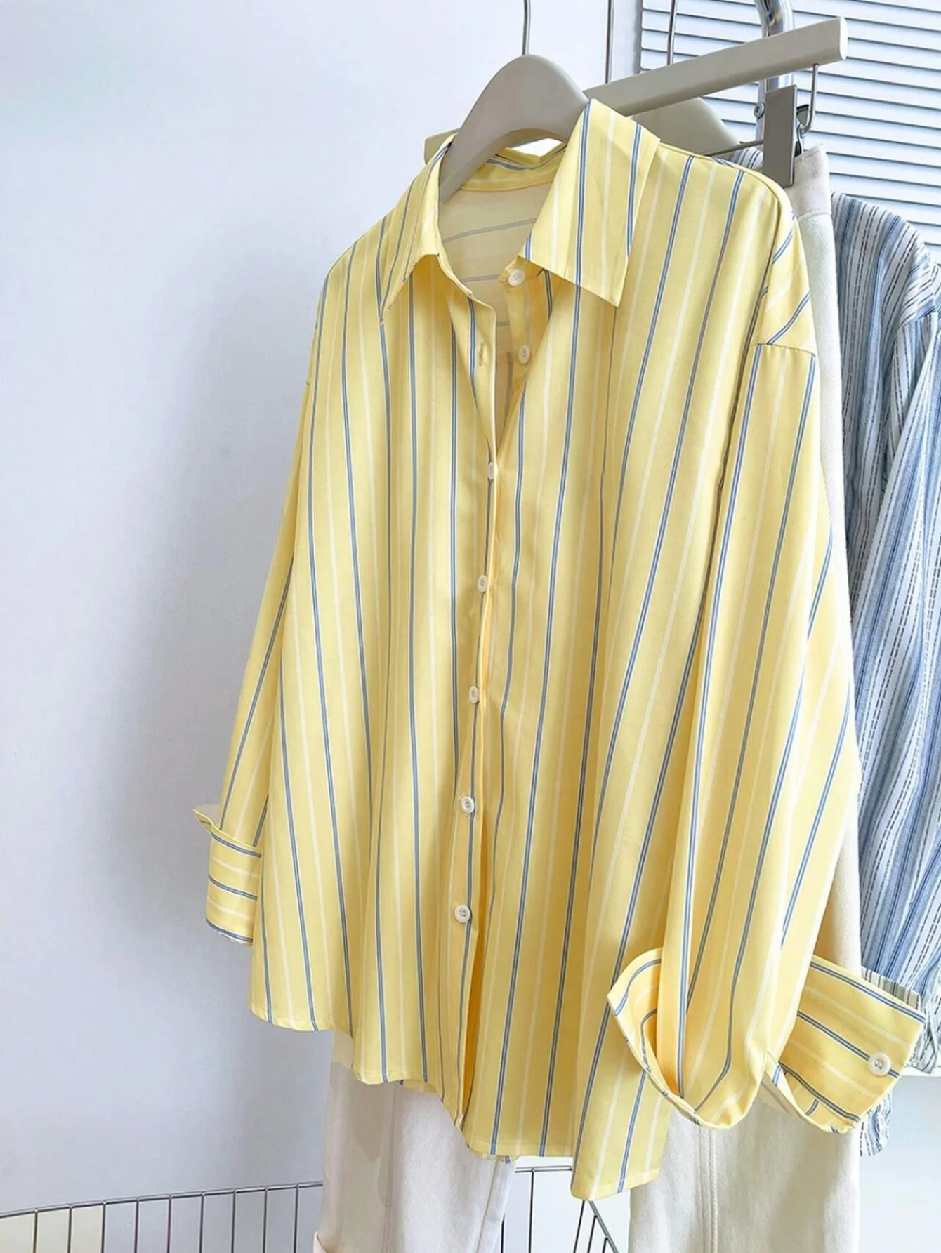 Women's Yellow Striped Button Down Shirt Casual Long Sleeve Blouse Top 5