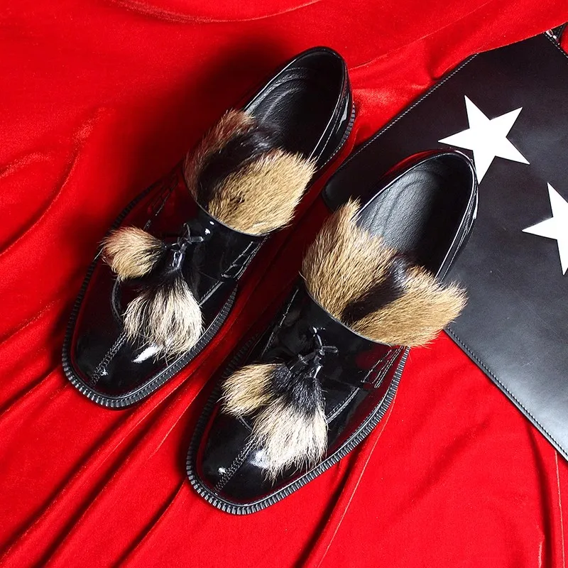 High Quality Men Dress Shoes Genuine Leather Luxury Fur Tassels Mens Business Casual Formal Shoes Black Slip-On Footwear Man