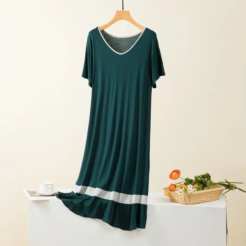 Loose Big Size Modal Sleepwear Women Dress V Neck Short Sleeve Ladies Nightie Patchwork Color Oversize Nightgowns