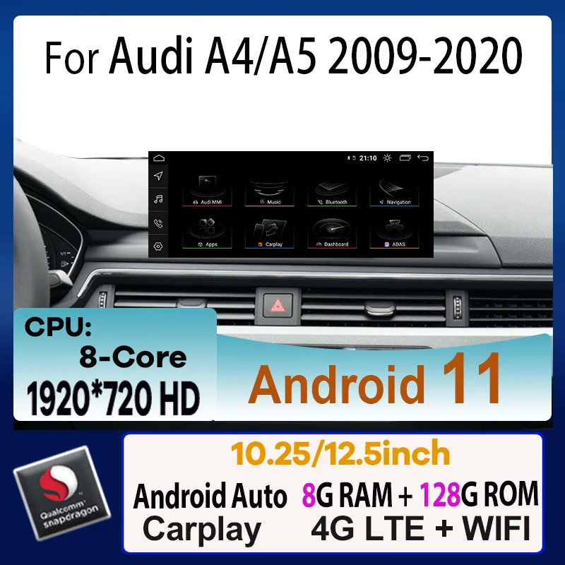 

10.25"/12.5" Android 11 Snapdragon 8+128G Car Radio Multimedia Player GPS Navigation for Audi A4 A4L B9 2017-2020 Stereo CarPlay