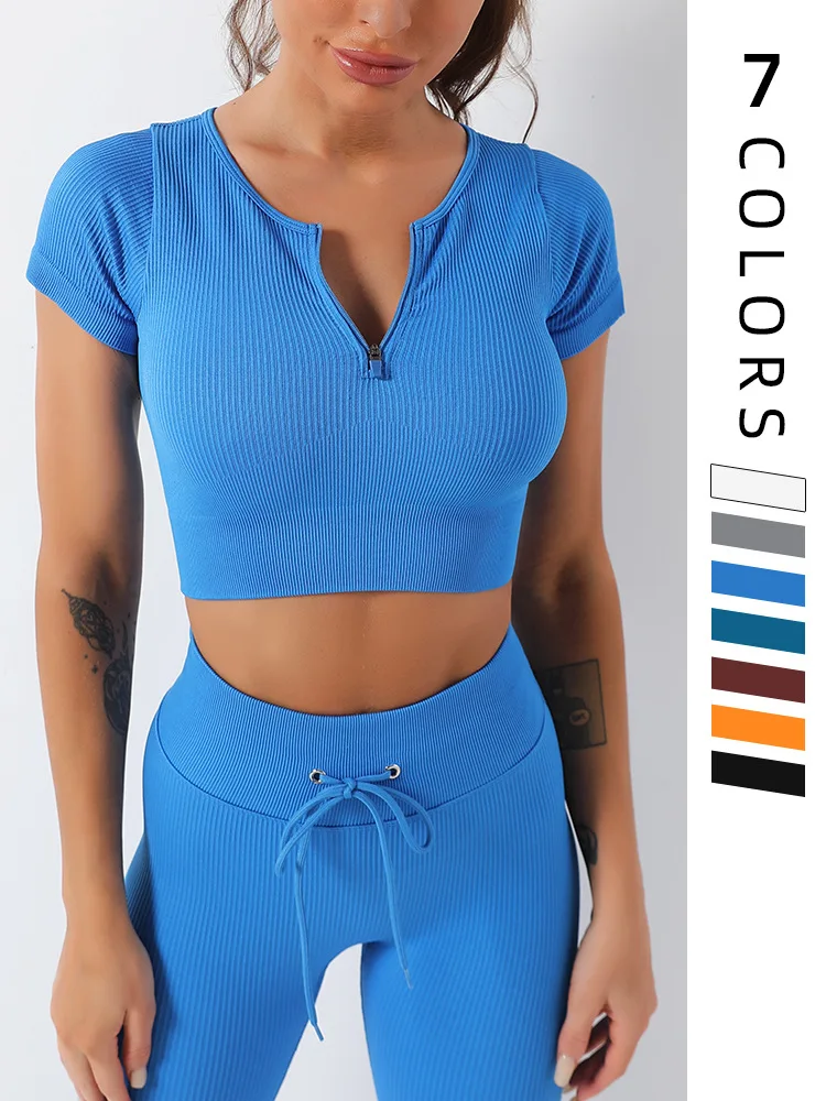 

2024 new quick drying thread elastic seamless yoga suit short sleeved T-shirt women's short sports and fitness suit yoga top