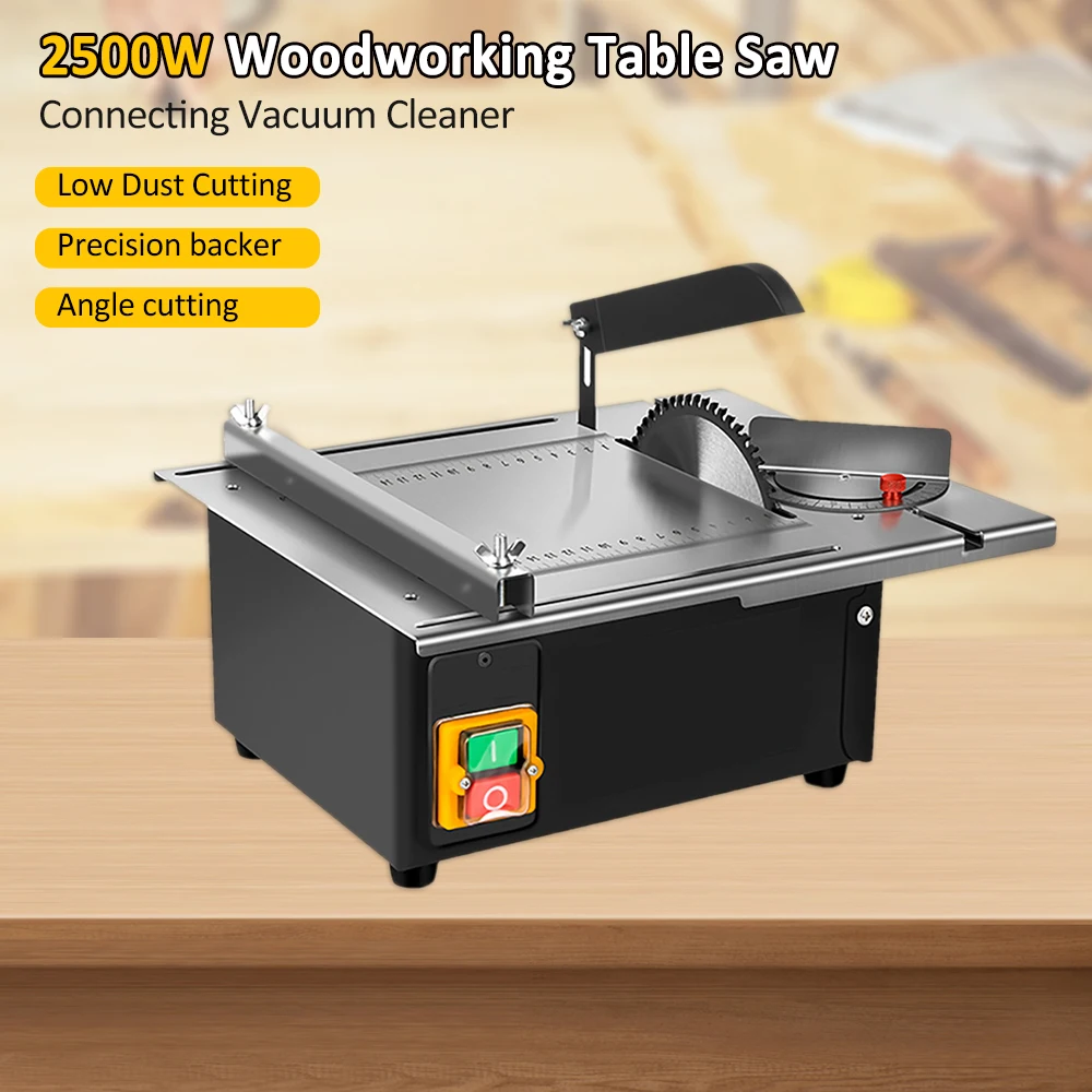 Woodworking Table Saw Mini 2500W 340*280mm Woodworking Tools Stainless Steel Top with Angle Ruler and Adjustable Backing