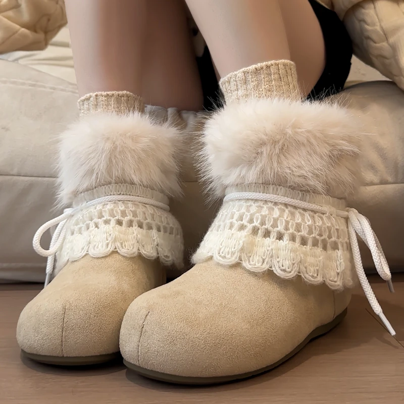 Luxury Bowknot Fluffy Fur Kawaii Snow Boots 2025 Winter Sweet Lace Suede Designer Ankle Boots Warm Plush Woman's Short Booties