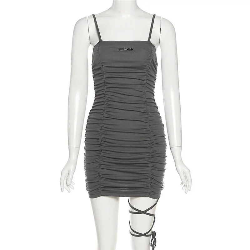 

#4221 Grey Pencil Dress Women Summer Sleeveless Mini Dress Female Backless Tight Short Dress Spaghetti Strap Bodycon Dress Folds