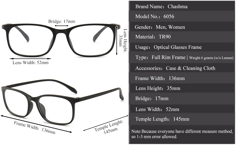 Chashma Unisex Full Rim Square TR 90 Resin Titanium Frame Eyeglasses 6056