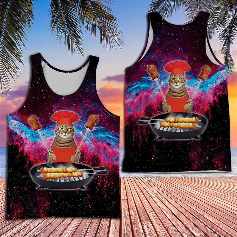 

Funny Barbecue Cat 3D Printed Tank Top For Men Clothes Harajuku Fashion Galaxy Cats Vest Cartoon Hawaiian Waistcoat Boy Y2k Tops