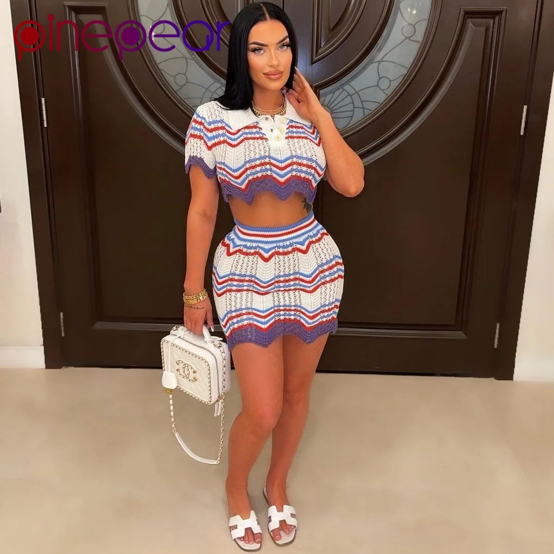 

PinePear Two Piece Dress Set Color Patchwork Knitted Summer Outfits Women Polo-neck Short Sleeve Crop Top Wave Mini Skirts Suits