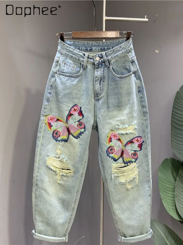 

Модные рваные джинсы с вышивкой бабочки, женские весенне-летние шаровары для отдыха, свободные облегающие мешковатые брюки, подходящие ко всему