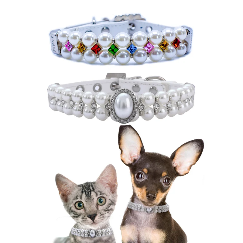 

Dog Cat Pearl Collars Cute Pet Leather Collars Necklace for Small Dogs with Crystal Rhinestone Puppy Kitten Wedding Accessories