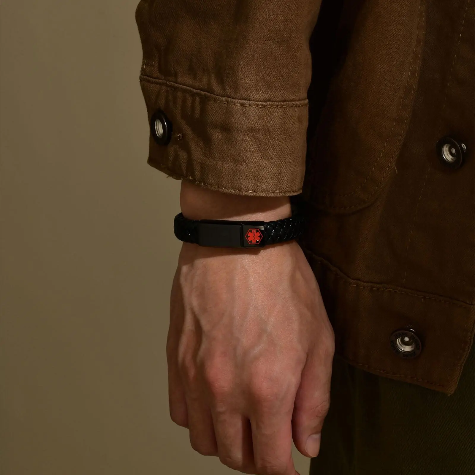 Red Medical Men's Bracelet,Black Genuine Leather ID Bracelet,Type 1/2 Diabetes Alzheimer Epilepsy Customize Bracelet