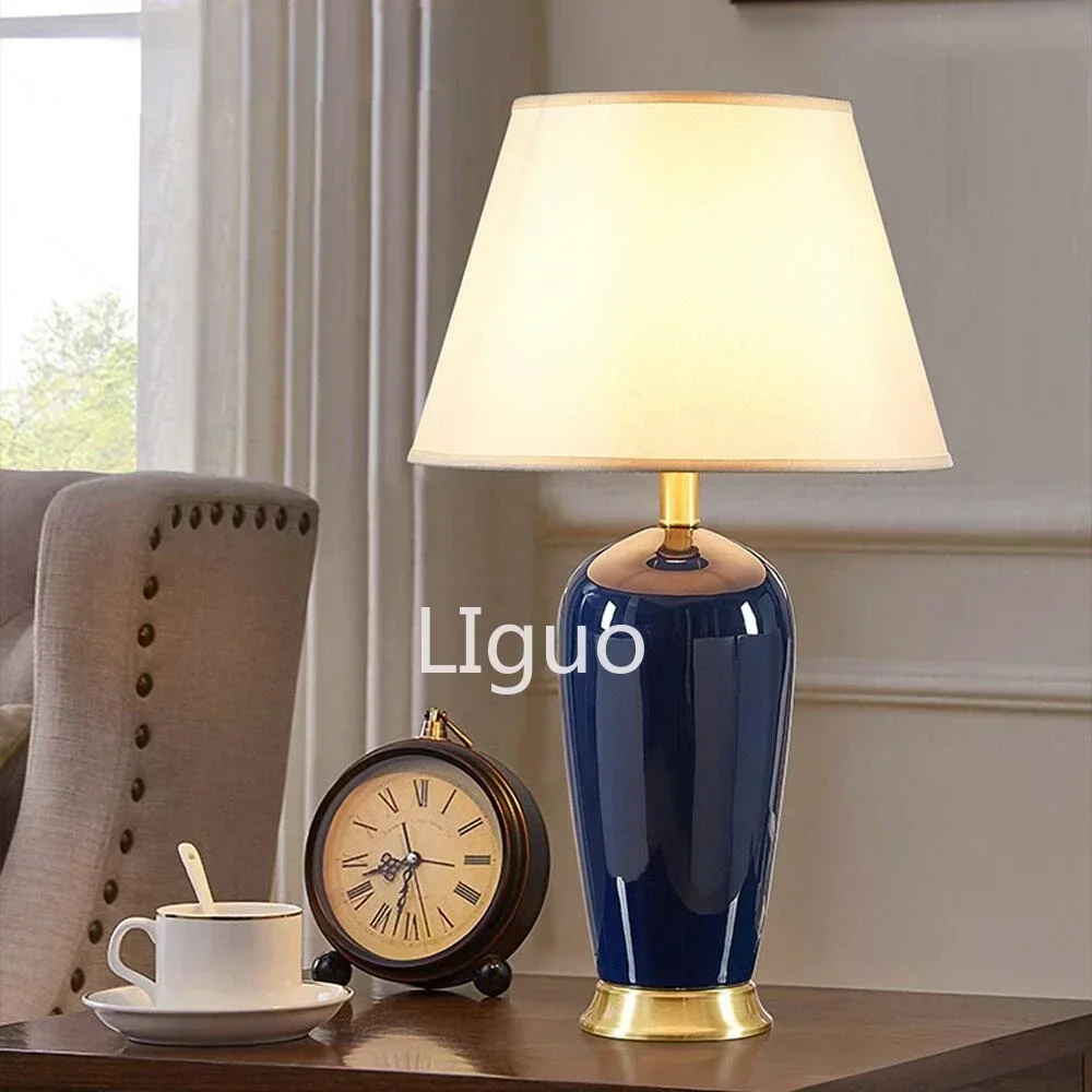 Ceramic Table Lamp Room Decor American Light Luxury Bedroom Bedside Lamp Living Room Dark Blue Remote Control Desk Lamp