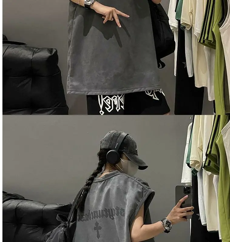Description Picture 5 of itemMilitary green suede vest men's summer oversize heavyweight trendy brand vest sleeveless t-shirt American couple sweatshirt tops