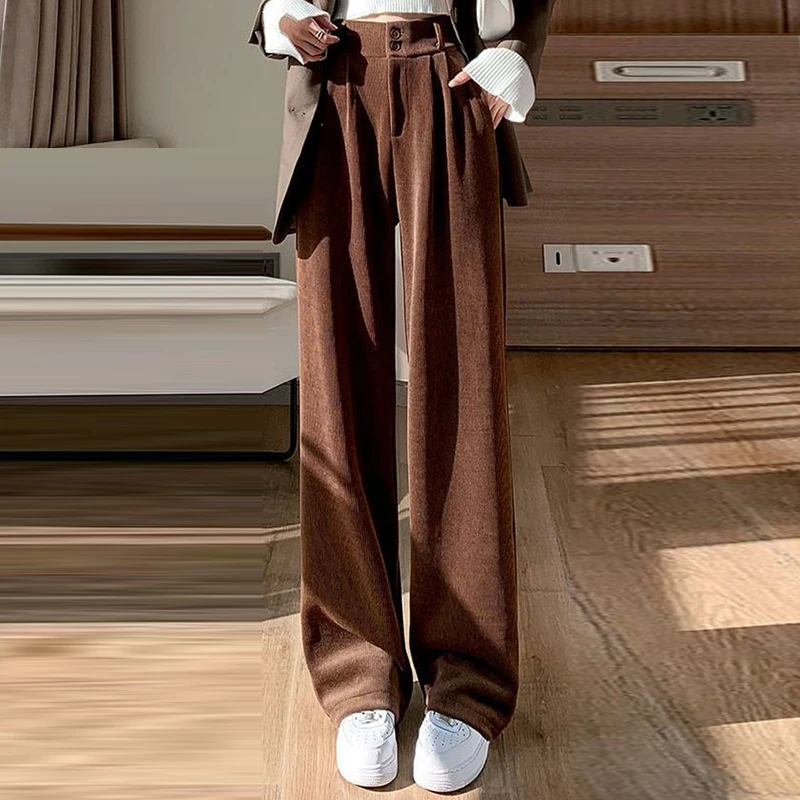 Velvet wide leg pants for women's autumn and winter pear shaped figure corduroy covered meat straight leg suit pants