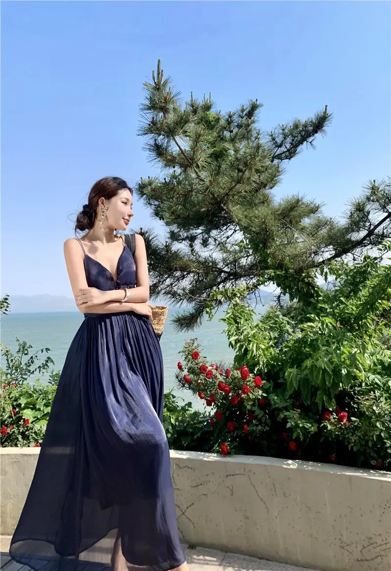 Summer New Spaghetti Strap Long Dresses for Women V-neck A-line Evening Party Dress Backless Prom Robe One Piece Vestido Mujer