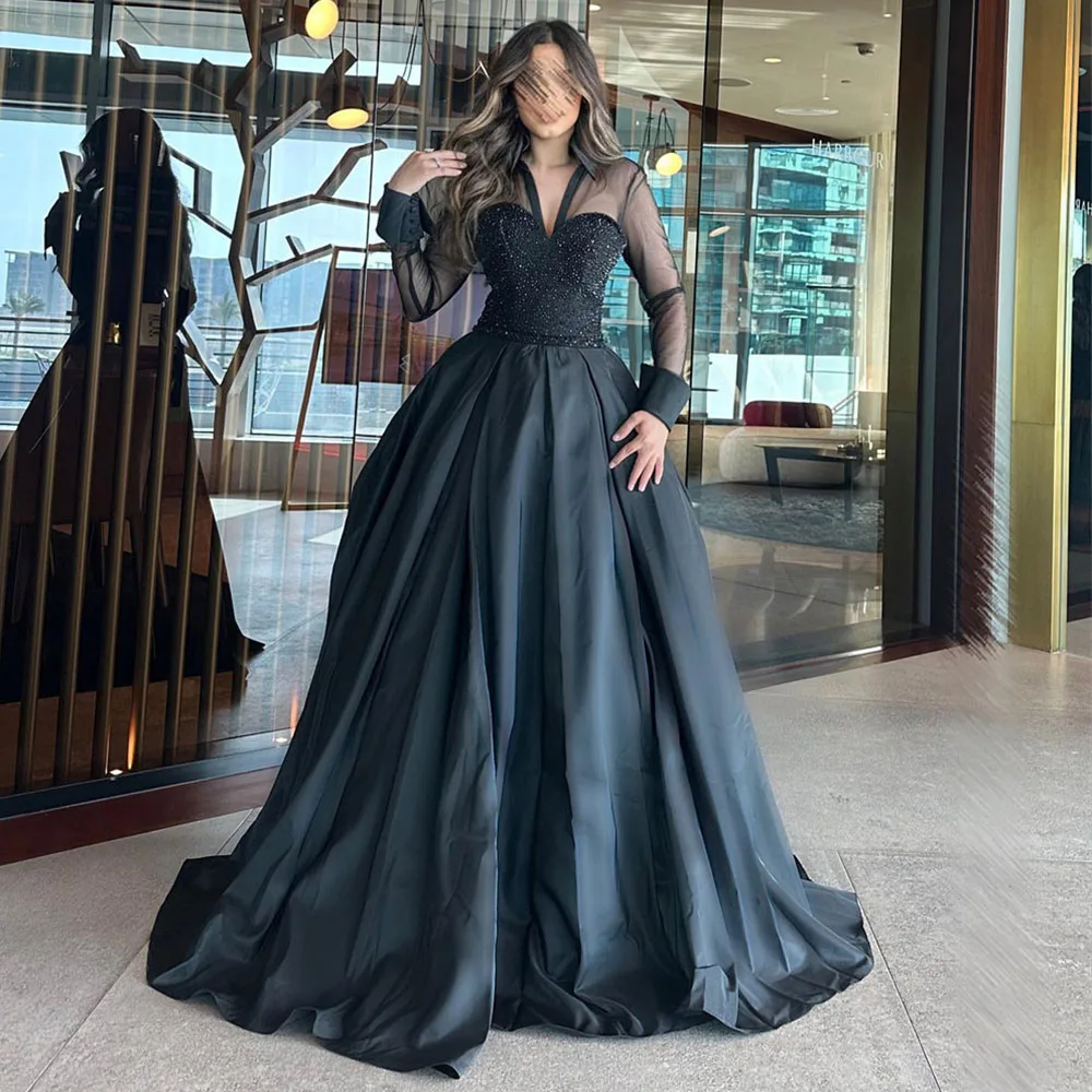 

V-Neck A-line Prom Gown Illusion Full Sleeves Sequin Solid Color Floor-Length Elegant Evening Party Dresses فساتين مناسبة رسمية