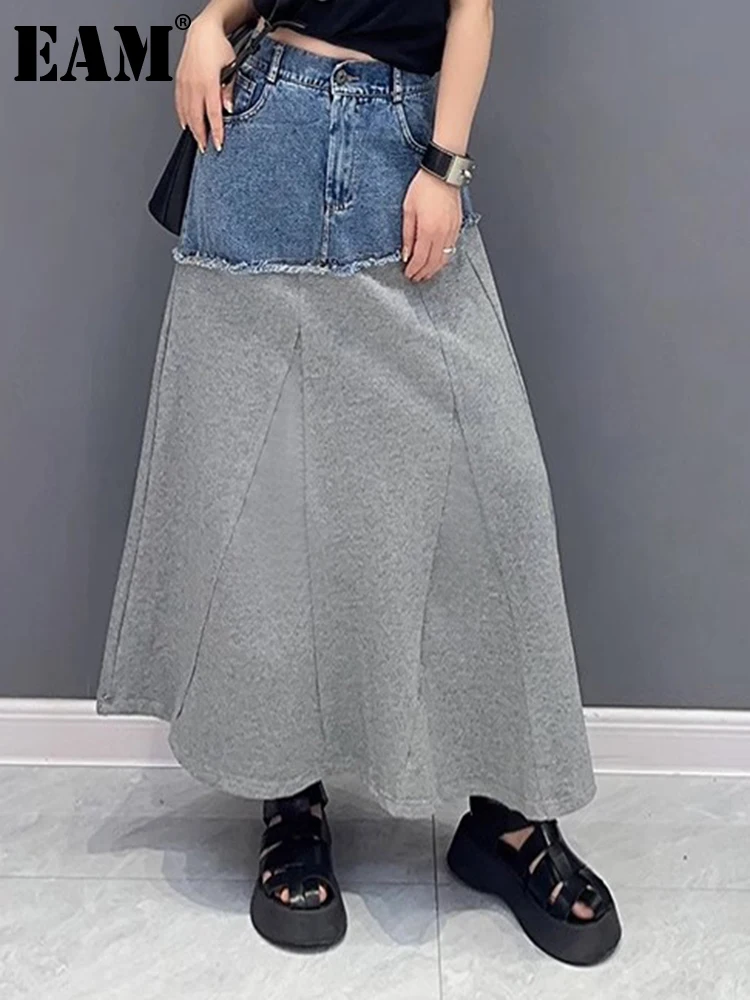 

[EAM] High Elastic Waist Gray Denim Color-block Long A-line Half-body Skirt Women Fashion Tide New Spring Autumn 2023 1DH0522
