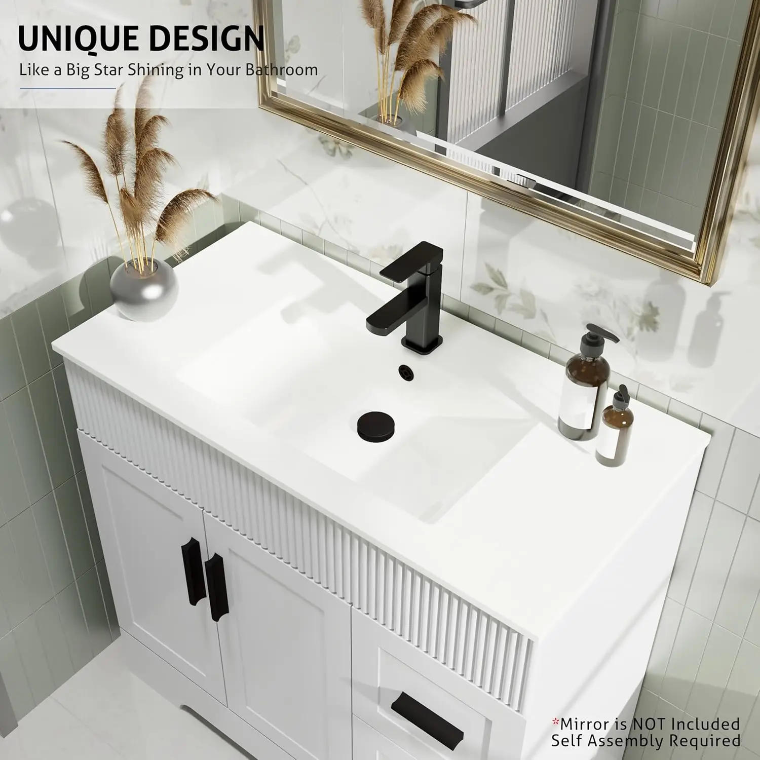36" Bathroom Vanities Sink Combo with Painted Surface, Modern Drawered Cabinet W/Decorative Wave Lines, Undermount Single Sink 4