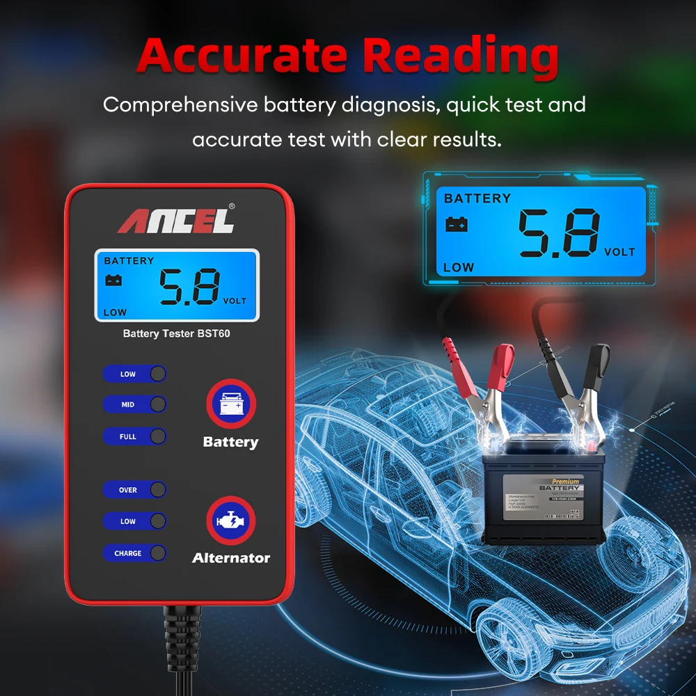 12V Digital Car Battery Tester Battery Condition Tester Alternator Charging System Analyzer Test with Cigarette Lighter