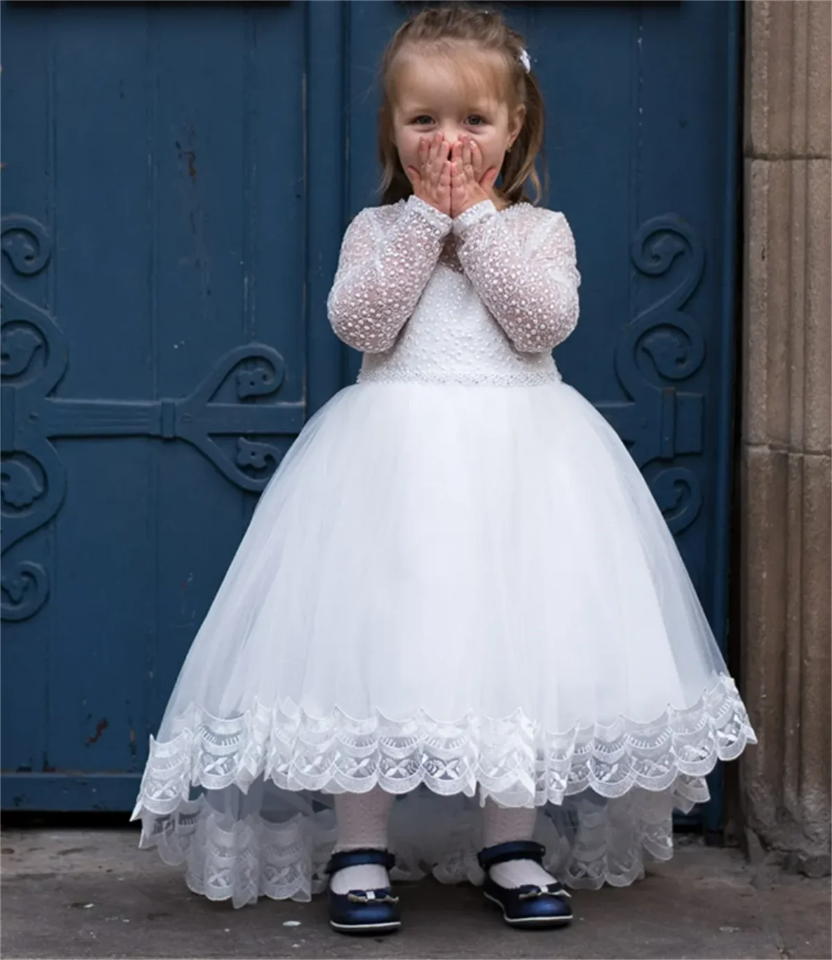 

Flower Girl Dresses White Fluffy Tulle Bow Pearl Long Sleeve Wedding Elegant Flower Child's First Communion Birthday Party Dress