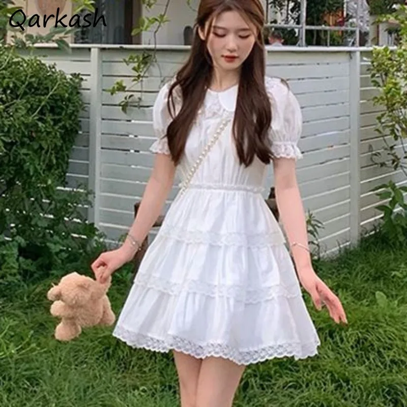 

Puff Sleeve Dresses for Women Lace Mini Sweet Girls Summer Chic Clothing Solid Peter Pan Collar Young Students College Patchwork