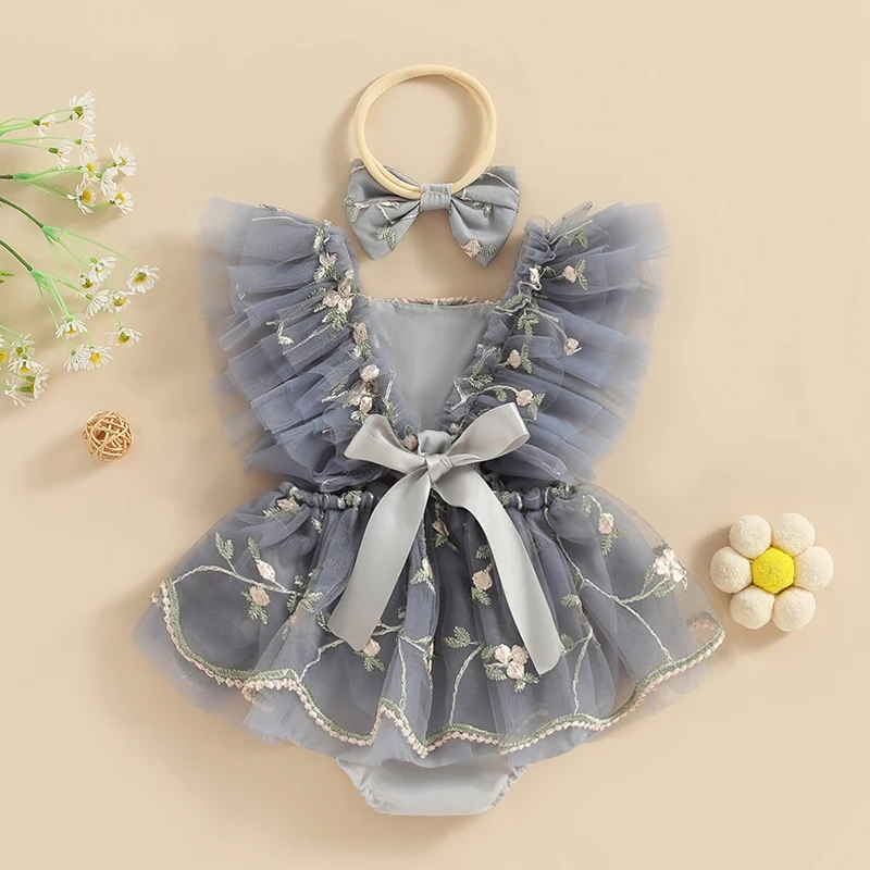 Pudcoco Baby Baby Stram pler Kleid Fliegen ärmel Vierkant Blumen stickerei Tüll Overall mit Schleife Stirnband 0-24m – Detail 6