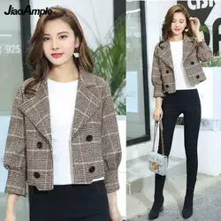 Jaqueta de lã feminina primavera outono novo casaco de xadrez duplo breasted casaco coreano moda elegante casual blazers roupas femininas