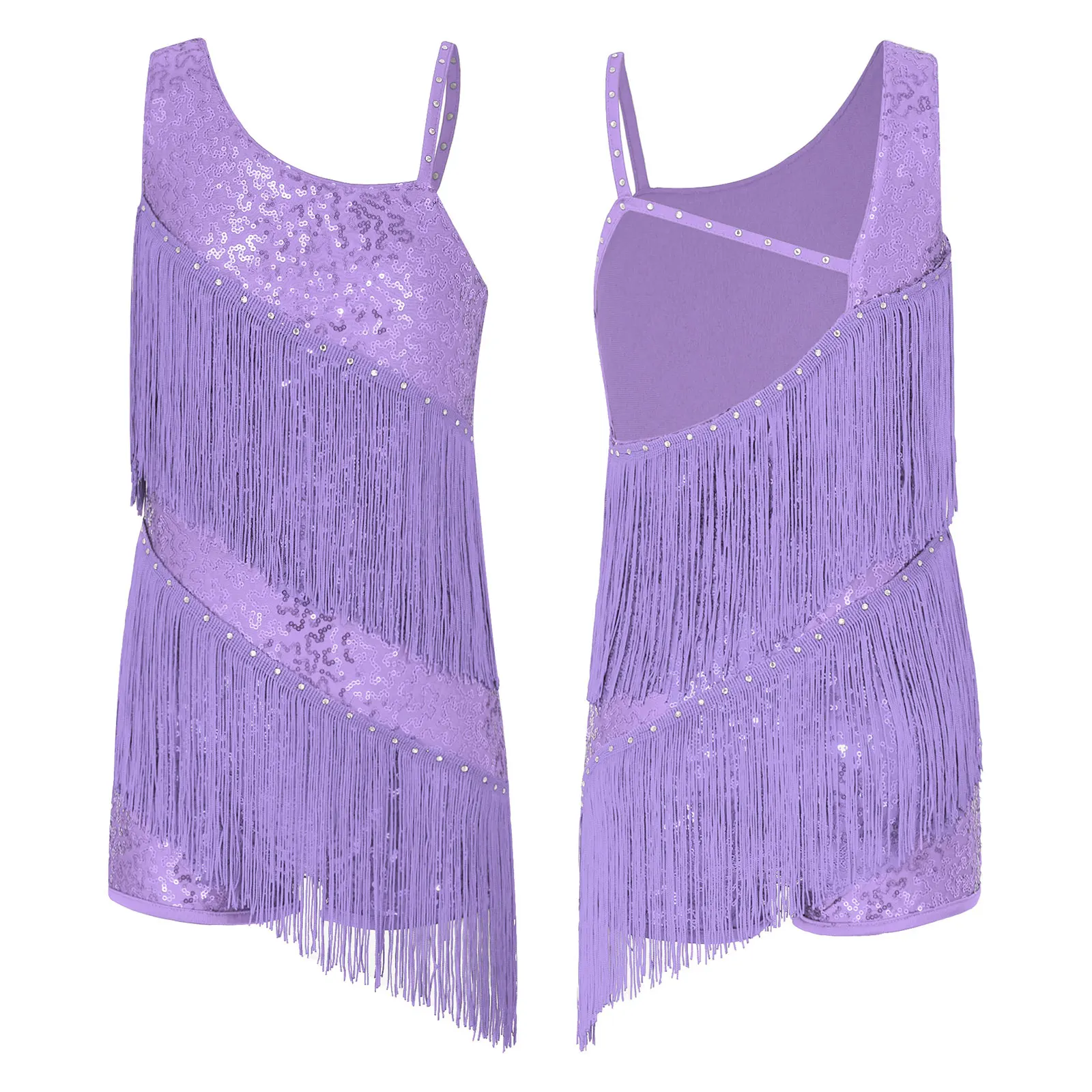 thumbnail image 1 of Niños Niñas lentejuelas brillantes vestidos de diamantes de imitación para salón de baile latino Samba Cha borlas pantalones cortos inferior trajes de leotardos de baile latino, 1 of 5