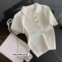Ice Silk Polo Shirt Knitted Short Sleeve T-Shirt Summer Chic Thin Unique Jacquard Women Tops 2026 Korean Style Women’s Clothing
