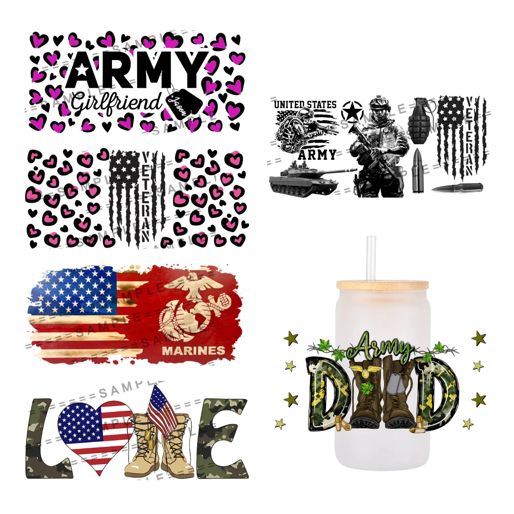 

America patriotic soldier 3D UV DTF Wraps Transfer Sticker DIY For 16oz Libbey Glass Cup Waterproof Wrap Transfers Decals Cup