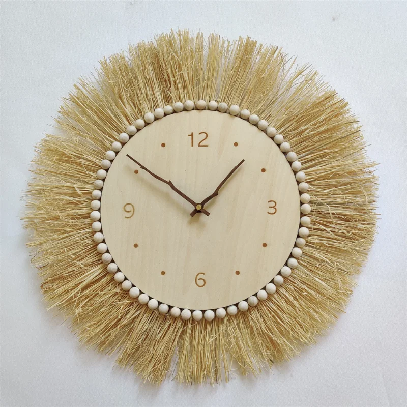 

Nordic Wooden Wall Clock with Raffia Creative Silent Clock Wall Decoration Children Room Wood Clocks Soft Furnishings Home Decor