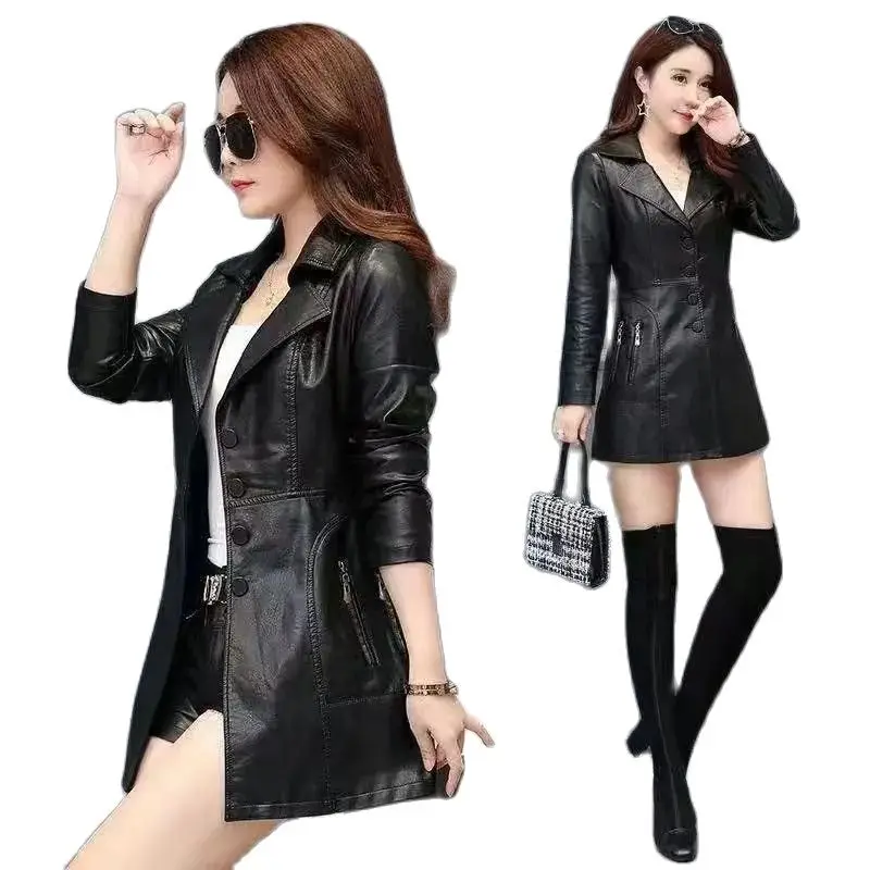 

Autumn And Winter Haining Leather Trench Coat Women's Temperament Mid-length Korean Version Slim Thickened Leather Coat Women5XL