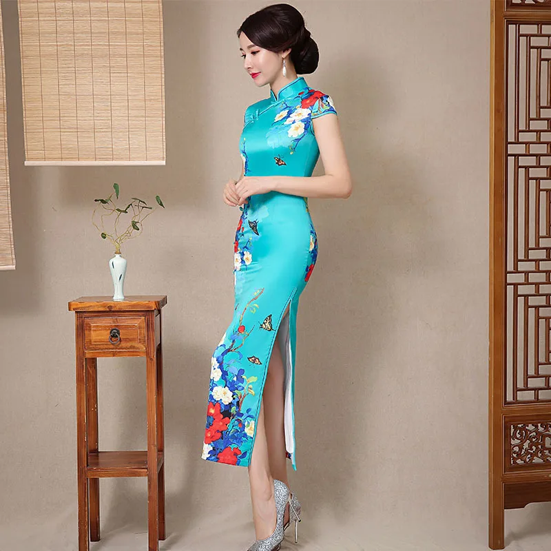 

Yourqipao Summer Long Blue Cheongsam Catwalk Performance Retro Improved Qipao Chinese Traditional Style Evening Dress for Women