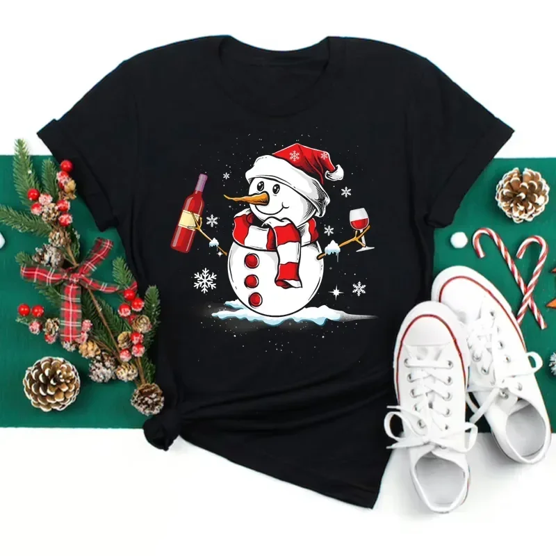 

Women T Shirts Harajuku Wine Glass Christmas Hats Black T Shirt Christmas Xmas Gifts Cartoon Top Tshirt Fashion Year T-shirt