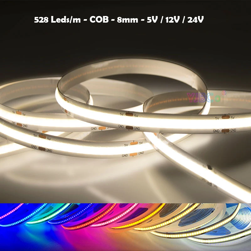 5V 12V 24V 528LEDs/m 5M Soft COB LED Strip 8mm FPCB White/Warm white/Natural White/Blue/Red/Green/Pink Flexible FCOB Light Tape 10m led strip 220v adhesive high brightness smd 2835 120leds m 240leds m waterproof led adhesive tape warm white yellow ice blue