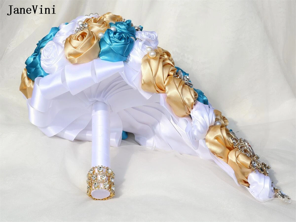 JaneVini Luxury Rhinestone Waterfall Bridal Bouquets Blue White Ribbon Roses Pearls Cascading Flower Bouquet Wedding Accessories