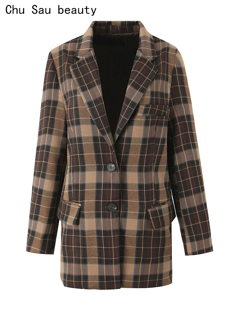 

Chu Sau beauty 2023 Women Autumn Fashion Office Lady Style Plaid Printed Chic Single Breasted Blazers Vintage Lapel Collar Coat