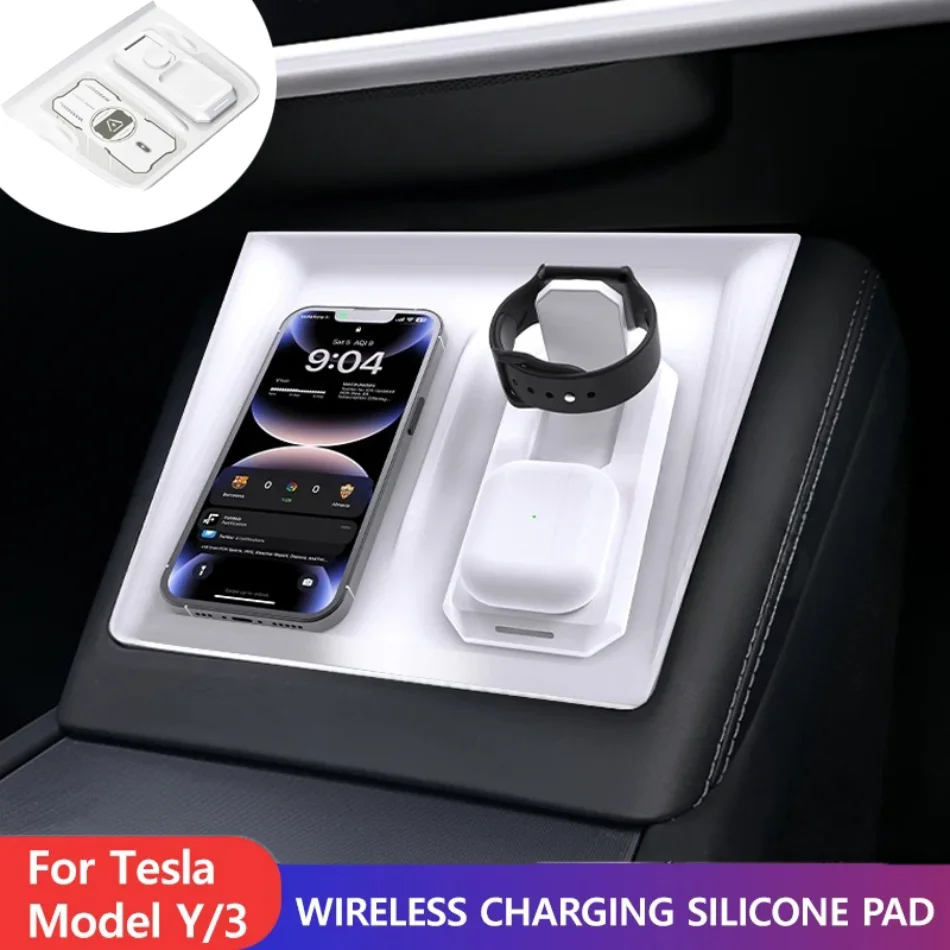Center Console Wireless Charging Silicone Pad for Tesla Model Y-Model 3 -3 Rechargeable Mobile Phone Watch