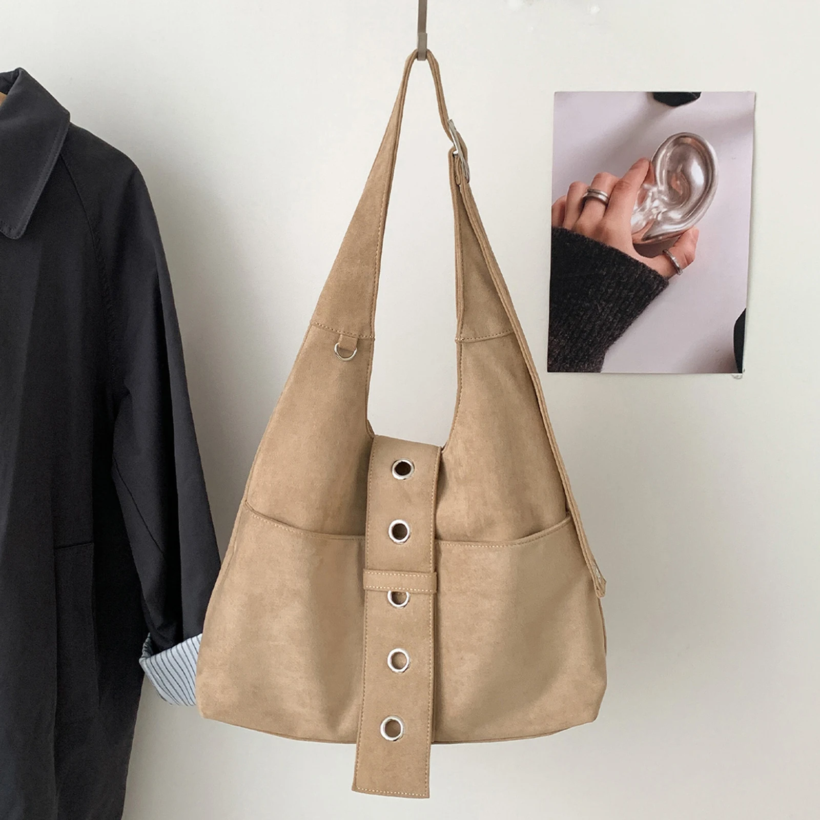 Retro Faux Suede Rivet Shoulder Bags Large Handbag Slouchy Tote Handbag for Women Travel Winter Fall