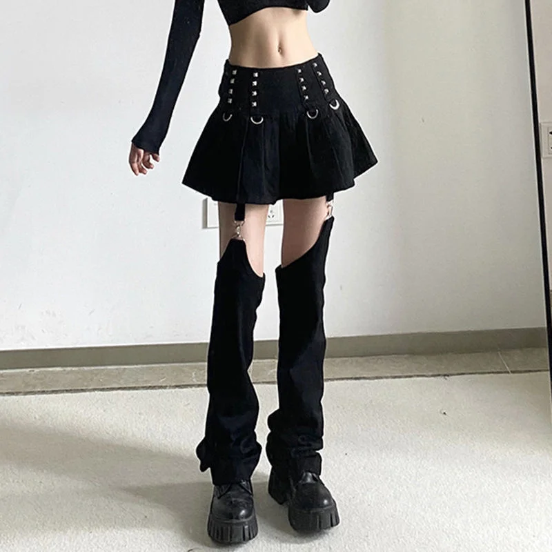 Rivet Patchwork Women Mini Pleated Street Skirts With Trouser Leg Hight Waist Skirt Punk Streetwear Goth Clothes Dark Academia hwen dual screen wireless surveillance camera security wifi ip camera cctv street surveillance camera with infrared led alarms