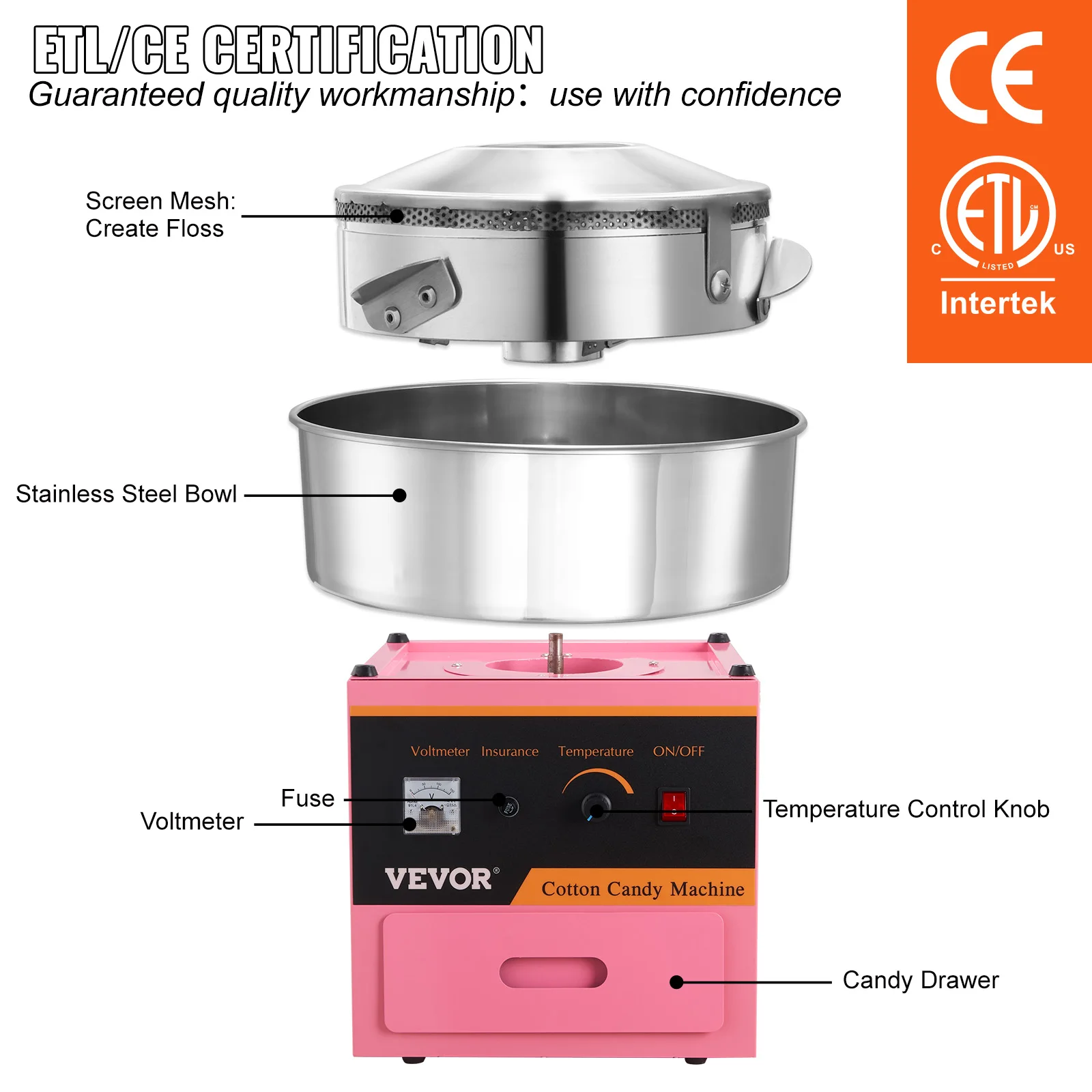 VEVOR Electric Cotton Candy Machine Commercial Floss Maker with Stainless Steel Bowl Sugar Scoop and Drawer For Birthday Party