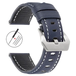 Genuine Black Sailcloth Waterproof Watch Band - Soft Nylon Sports Strap - 20mm (Blue White)