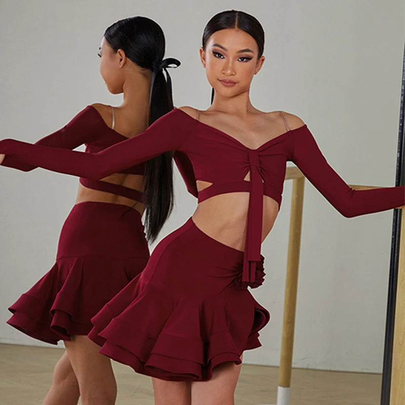 ZYM Latin Dance Clothes Girls Long SLeeves Short Tops Flower