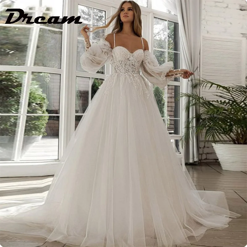 DREAM Lace Appliques Tulle Boho Wedding Dresses Off The Shoulder Long Sleeve Sweetheart Bride Gown 2022 Vestidos De Novia
