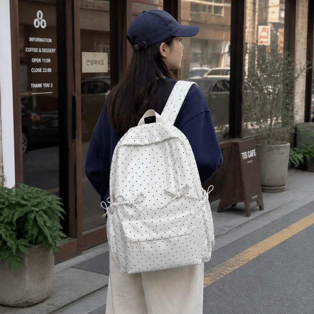 Zaino alla Moda con Pois, Grande Capacità, Design con Fiocco, Minimalista, Resistente, Leggero, Borsa Scolastica per Studenti, Uso Quotidiano - immagine 2