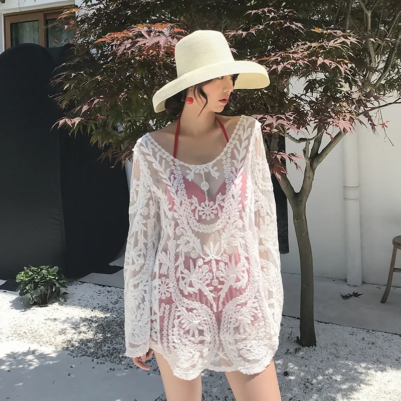 Salelong-Sleeved Blouse Sun Protection Beach Outdoor Wear Female Summer Seaside Vacation bathing suit wrap cover up